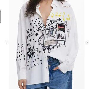 Desigual Printed High-Low Button Shirt White Graphic EU 30